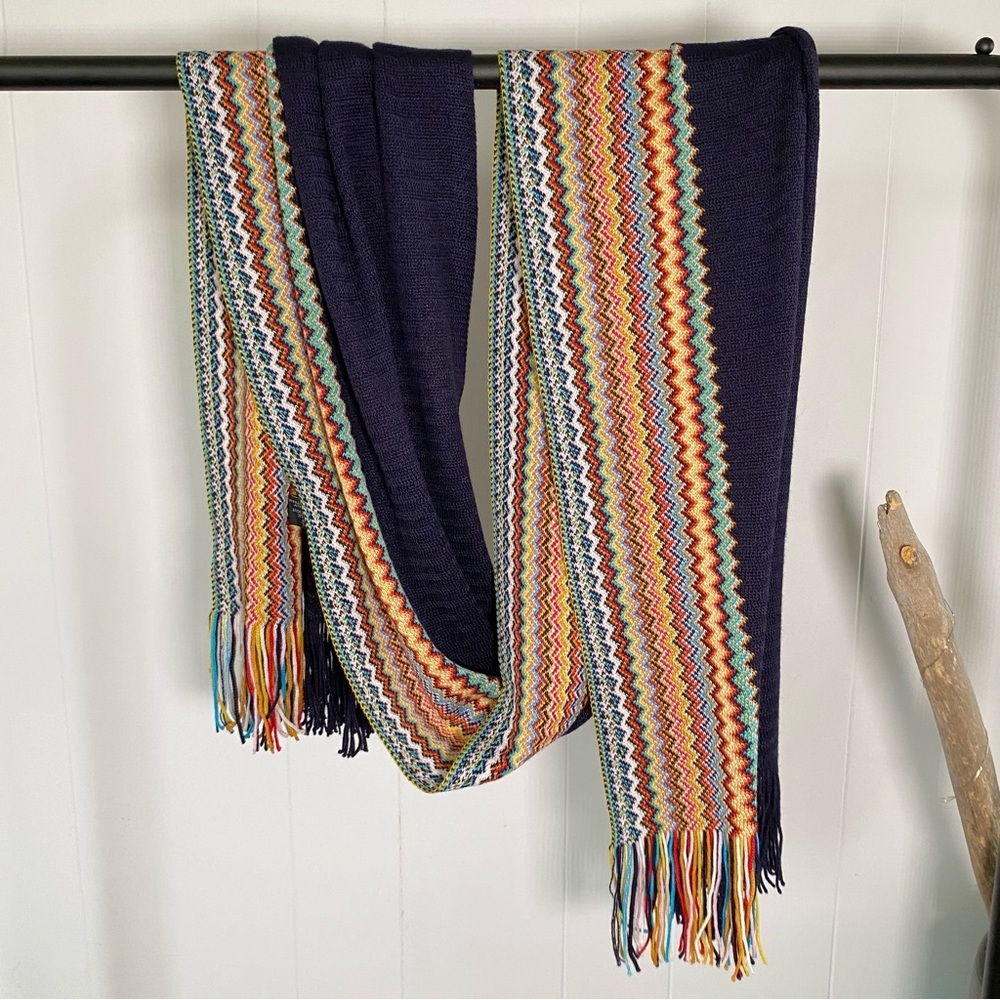 Missoni Wool Blend Knit Zigzag Designer Scarf Fringe Multicolour Blue Italy